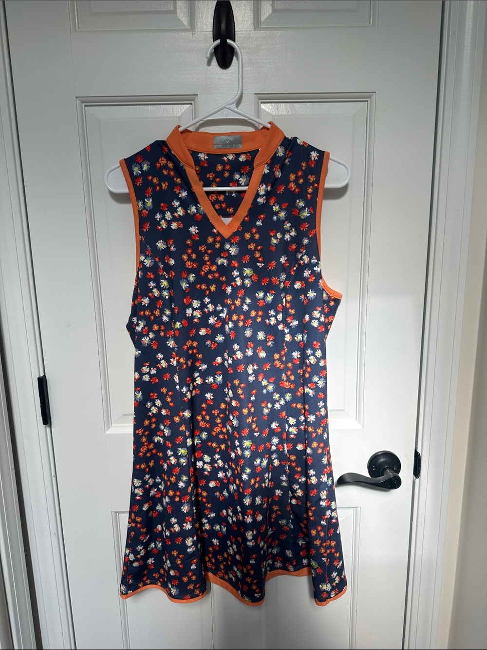 Callaway Navy Floral V-Neck Golf Dress with Orange Trim